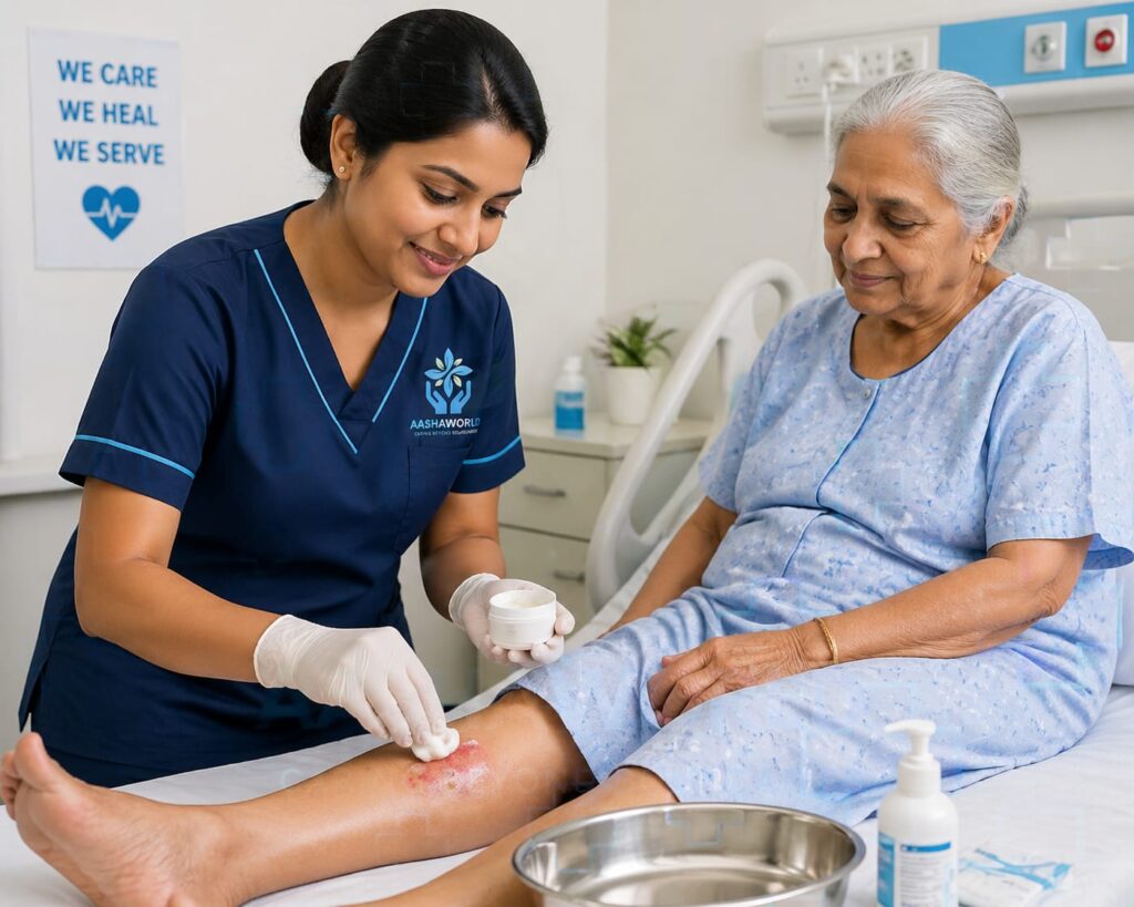 Nurse applying lotion the wound of surgery