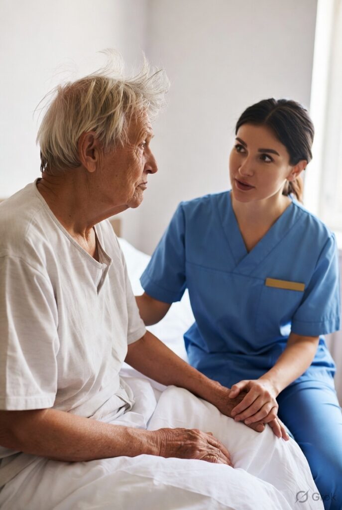 Nurse sitting with elderly patient and providing care