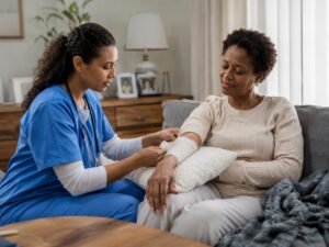 Nurse is doing wound care to patient